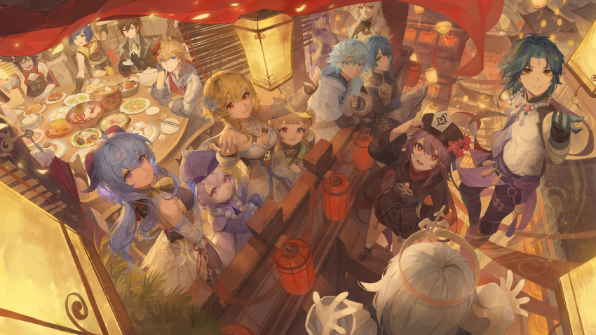 5boys 6+girls :d absurdres arm_up bangs black_bodysuit black_headwear black_jacket black_pants black_shirt blonde_hair blue_eyes blue_hair blush bodysuit brown_eyes chinese_clothes chinese_commentary chongyun_(genshin_impact) closed_mouth commentary_request cup dress eating food from_above full_body ganyu_(genshin_impact) genshin_impact goat_horns hair_between_eyes hand_on_headwear hand_on_hip hat highres holding holding_cup holding_saucer hood hoodie horns hu_tao_(genshin_impact) huge_filesize indoors jacket jiangshi keqing_(genshin_impact) long_hair looking_at_viewer looking_up lumine_(genshin_impact) mask mask_on_head multiple_boys multiple_girls mushi_c_jun ningguang_(genshin_impact) ofuda open_mouth paimon_(genshin_impact) pants purple_dress purple_hair qing_guanmao qiqi_(genshin_impact) saucer shirt short_hair sitting smile standing tartaglia_(genshin_impact) tea_set teapot twintails very_long_hair violet_eyes white_dress white_hair white_hoodie xiangling_(genshin_impact) xiao_(genshin_impact) xingqiu_(genshin_impact) xinyan_(genshin_impact) yaoyao_(genshin_impact) zhongli_(genshin_impact)