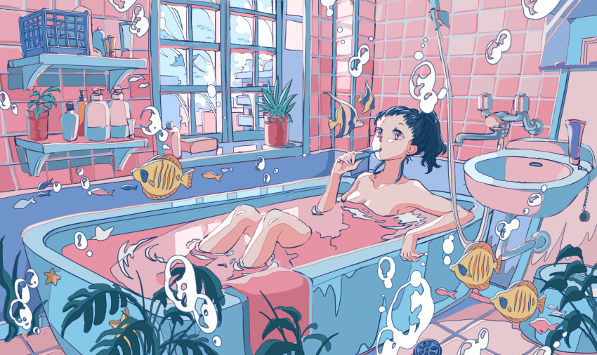 1girl bare_shoulders bathing bathtub black_hair bubble fish highres ichigoame indoors leaf long_hair moorish_idol nude original partially_submerged plant ponytail potted_plant ripples solo surreal window