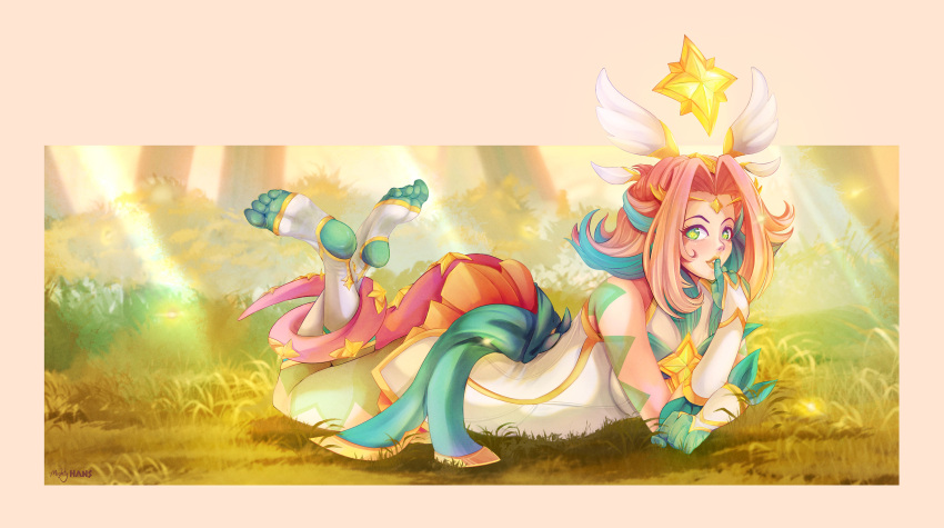 1girl absurdres bare_legs bare_shoulders blush body_markings border feet finger_to_mouth fireflies floating floating_object gloves grass green_eyes green_gloves green_hair hans_ft headgear highres league_of_legends light_particles light_rays long_hair looking_at_viewer lying multicolored multicolored_hair neeko_(league_of_legends) on_stomach orange_skirt outdoors parted_lips pink_border pink_hair signature skirt smile solo star_(symbol) star_guardian_(league_of_legends) star_guardian_neeko symbol-shaped_pupils tail tail_wrap tree white_footwear yellow_pupils