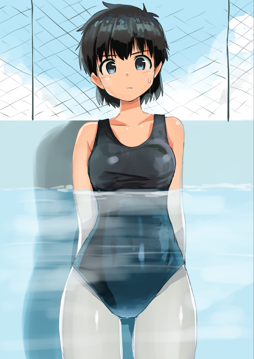 1girl arms_behind_back black_eyes black_hair black_swimsuit breasts chain-link_fence collarbone commentary_request cowboy_shot fence haida_katsuretsu highres looking_at_viewer medium_breasts new_school_swimsuit original partially_submerged school_swimsuit short_hair solo swimsuit water