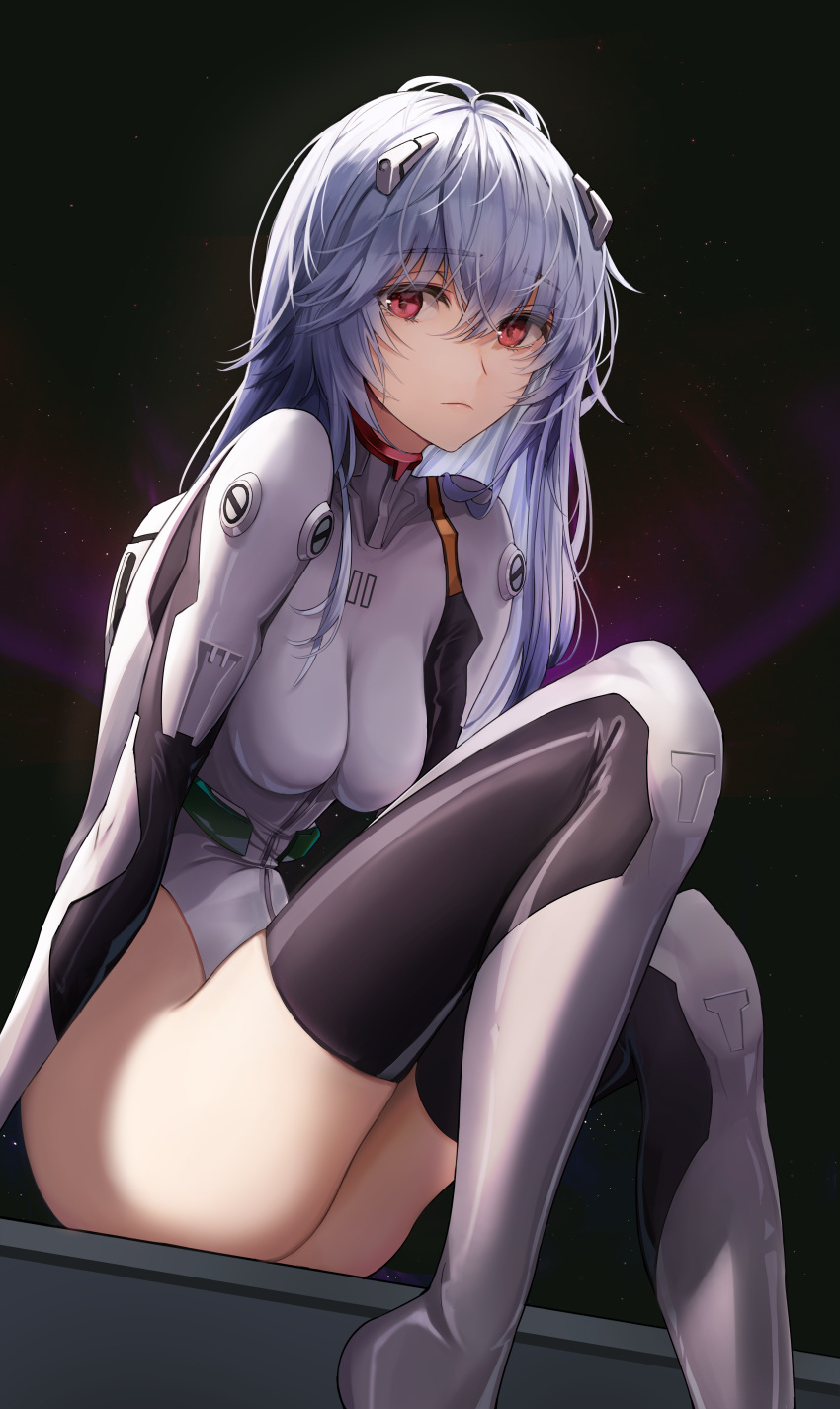 1girl absurdres ass ayanami_rei bangs black_background breasts closed_mouth crossed_bangs eyebrows_visible_through_hair feet_out_of_frame hair_ornament highleg highleg_leotard highres huge_filesize leotard long_hair looking_at_viewer lu_(ssuel) neon_genesis_evangelion red_eyes silver_hair sitting small_breasts solo thigh-highs thighs white_legwear white_leotard