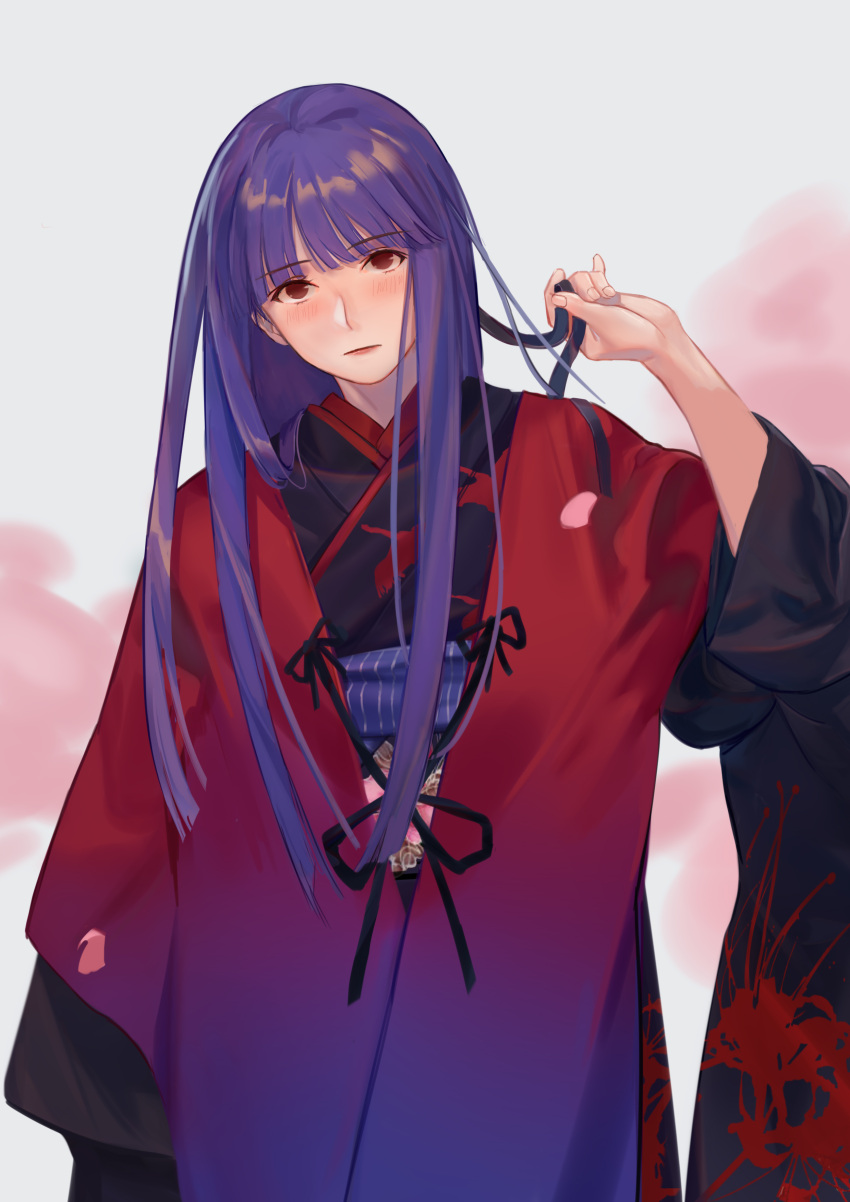 1girl absurdres alternate_costume asagami_(hnt16303310) asagami_fujino bangs black_kimono black_ribbon blunt_bangs blush closed_mouth commentary_request eyebrows_visible_through_hair fate/grand_order fate_(series) fingernails hair_ornament hair_ribbon highres holding holding_hair_ornament holding_ribbon japanese_clothes kara_no_kyoukai kimono lips long_hair long_sleeves looking_at_viewer multicolored multicolored_clothes official_alternate_costume pink_lips purple_hair red_eyes red_kimono ribbon shiny shiny_hair sidelocks sleeves_past_fingers sleeves_past_wrists solo straight_hair wide_sleeves yukata