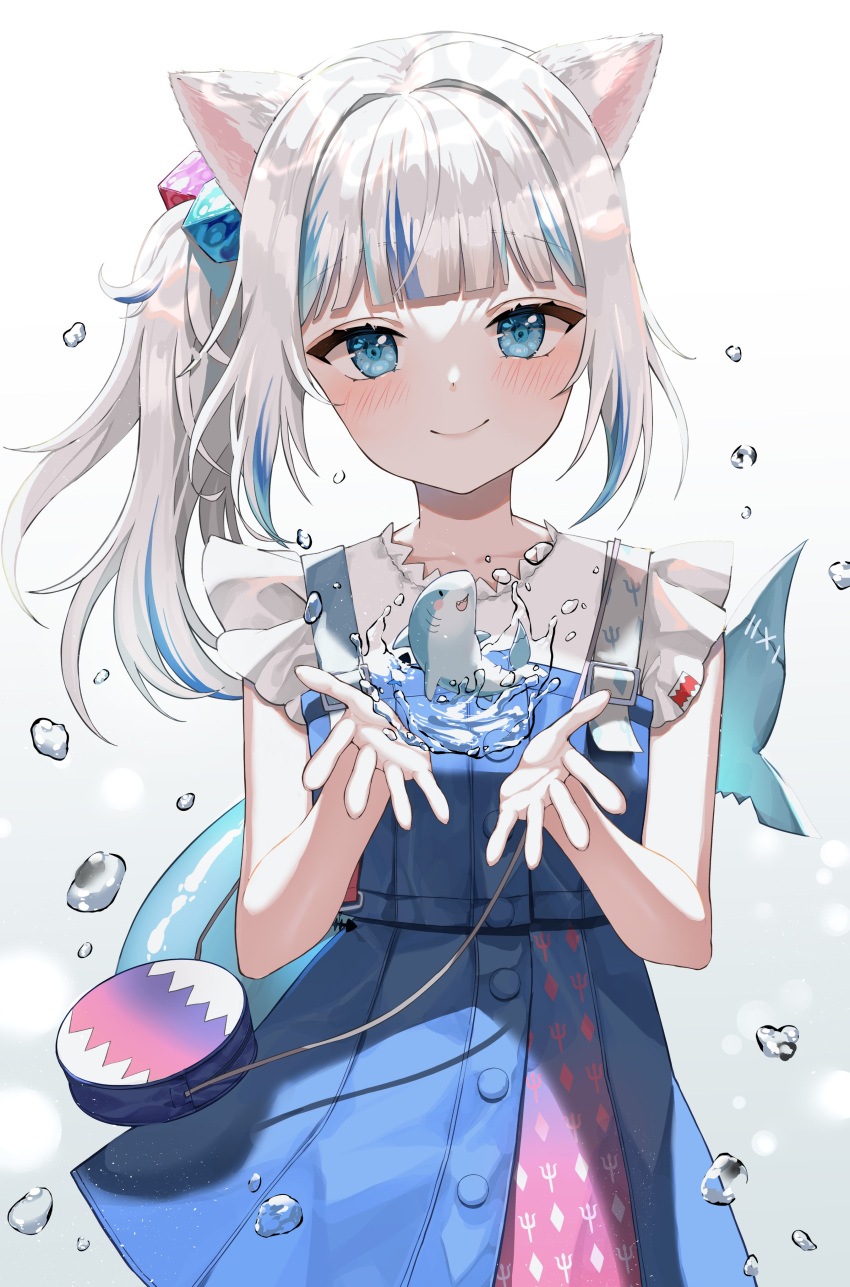 1girl absurdres animal_ears bangs blue_dress blue_eyes blunt_bangs blush cat_ears cowboy_shot dress fish_tail gawr_gura highres hololive hololive_english hydrokinesis long_hair multicolored_hair ponytail shark_tail silver_hair simple_background smile solo streaked_hair tail trident_print ueng water white_background