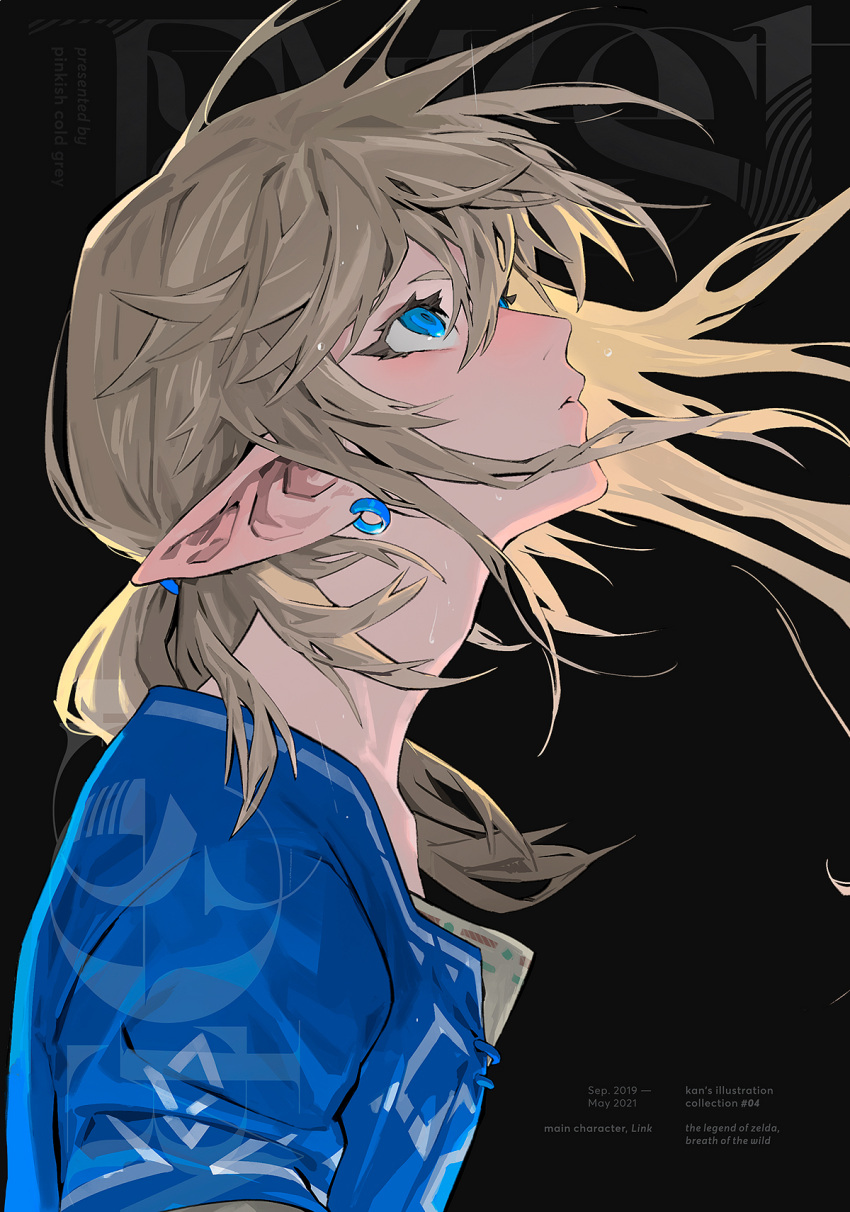 1boy bangs blonde_hair blue_eyes blue_tunic blush character_name copyright_name earrings eyelashes floating_hair highres jewelry kaninn link long_hair male_focus pointy_ears solo the_legend_of_zelda the_legend_of_zelda:_breath_of_the_wild upper_body