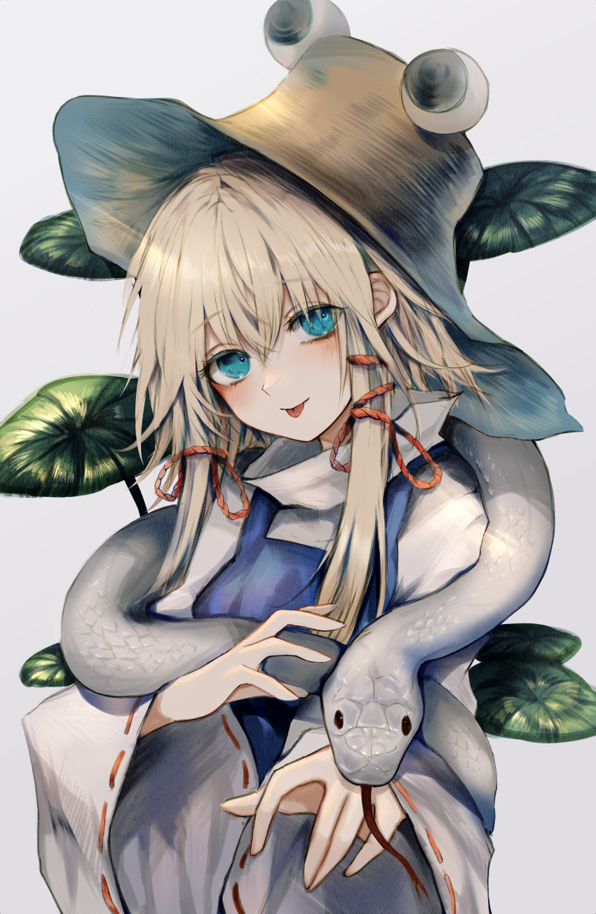 1girl :p absurdres bangs blonde_hair blue_dress brown_headwear closed_mouth commentary crossed_bangs dress eyebrows_visible_through_hair hair_between_eyes hair_ribbon hands_up hat head_tilt highres long_sleeves looking_at_viewer maho_moco moriya_suwako pinafore_dress plant red_ribbon ribbon ribbon-trimmed_sleeves ribbon_trim shirt short_hair_with_long_locks simple_background smile snake solo tongue tongue_out touhou upper_body white_background white_shirt white_snake wide_sleeves