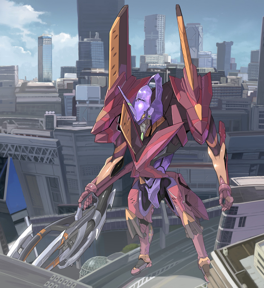 blue_sky building city cityscape clouds commentary_request highres highway holding holding_weapon horns mecha neon_genesis_evangelion no_humans redesign science_fiction sharp_teeth shope single_horn sky skyscraper standing teeth weapon yellow_eyes