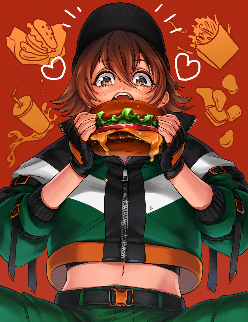 1girl absurdres belt black_gloves brown_eyes brown_hair burger cheese cropped_jacket dripping eyebrows_visible_through_hair fingerless_gloves food food-themed_background gloves green_pants hair_between_eyes hat heart highres holding holding_food lettuce long_sleeves medium_hair midriff navel open_mouth original pants pmiy0711 red_background solo tomato upper_body zipper zipper_pull_tab