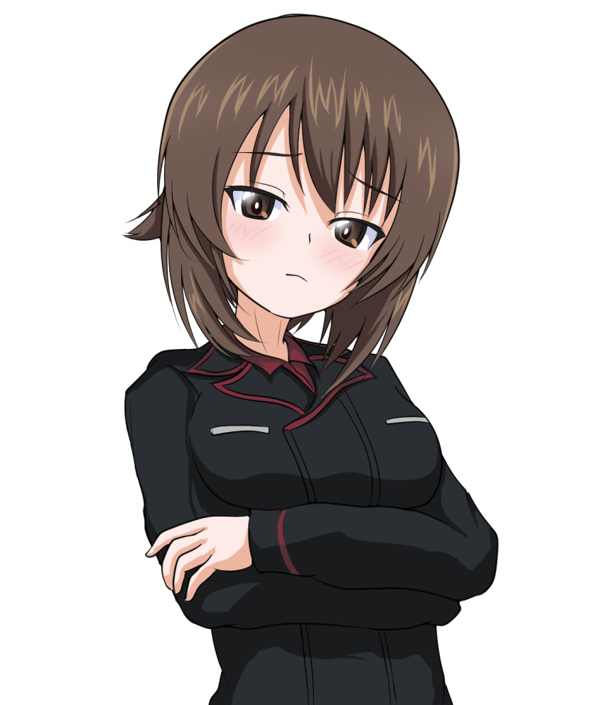 1girl bangs black_jacket blush boko_dream brown_eyes brown_hair closed_mouth commentary crossed_arms dress_shirt eyebrows_visible_through_hair frown girls_und_panzer half-closed_eyes highres jacket kuromorimine_military_uniform long_hair long_sleeves looking_at_viewer military military_uniform nishizumi_maho red_shirt shirt short_hair simple_background solo uniform upper_body white_background wing_collar