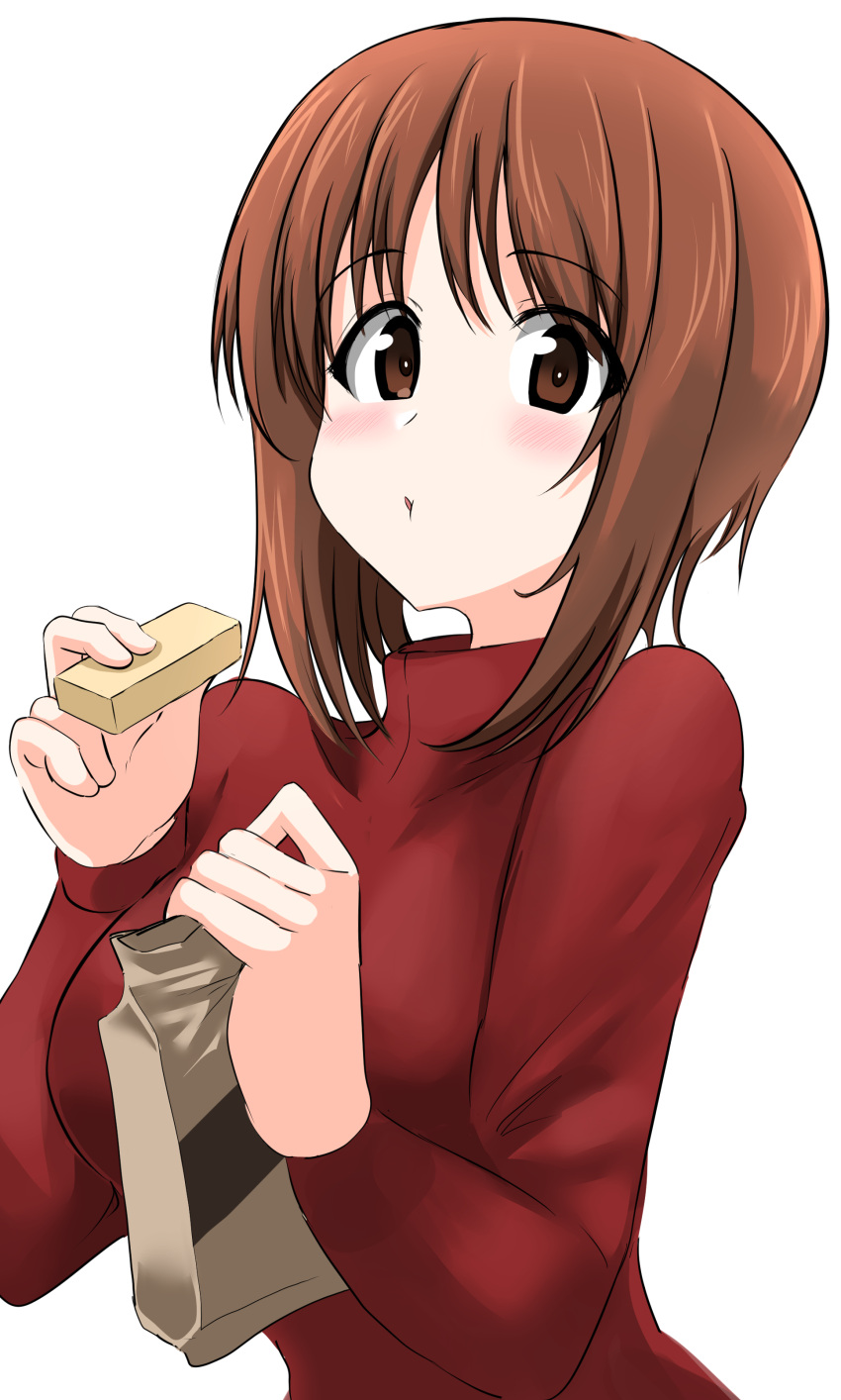 1girl :t absurdres aikir_(jml5160) bag bangs blush brown_eyes brown_hair casual commentary eating eyebrows_visible_through_hair food girls_und_panzer highres holding holding_bag holding_food long_sleeves looking_at_viewer mre nishizumi_miho red_shirt shirt short_hair simple_background solo upper_body white_background