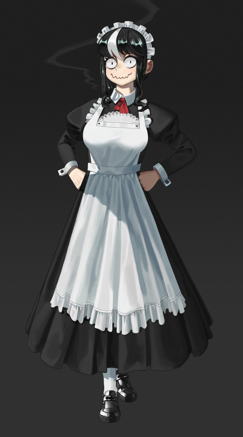 1girl absurdres alternate_costume apron bags_under_eyes black_dress black_footwear black_hair borrowed_character box bun_cover closed_mouth commentary dress enmaided full_body grey_background hair_bun hand_on_hip highres juliet_sleeves long_dress long_hair long_sleeves maid maid_apron maid_day maid_headdress multicolored_hair multiple_girls noss_(rariatto) original puffy_sleeves sanpaku short_hair_with_long_locks sidelocks smile streaked_hair wavy_mouth white_hair wi33ard