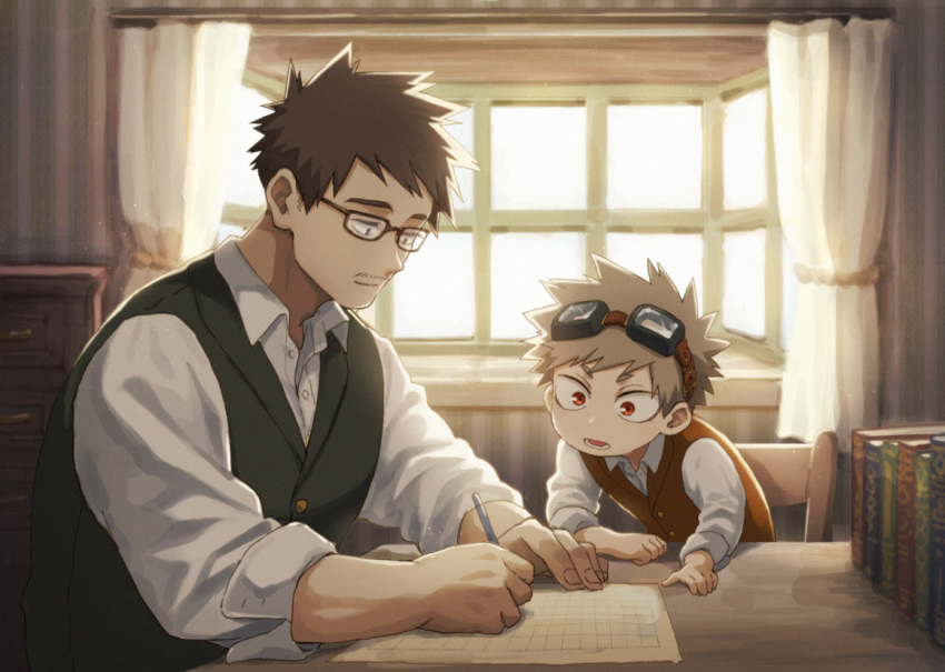 2boys aged_down akiyama_(noconoco) bakugou_katsuki bakugou_masaru black-framed_eyewear black_vest blonde_hair boku_no_hero_academia book brown_hair brown_vest buttons chair child closed_mouth collared_shirt commentary_request curtains dress_shirt facial_hair father_and_son glasses goggles goggles_on_head holding holding_pen indoors long_sleeves looking_down lower_teeth_only male_child male_focus multiple_boys mustache open_mouth paper pen rectangular_eyewear red_eyes round_teeth shirt short_hair sitting sleeves_rolled_up smile smirk spiky_hair table teeth vest white_shirt window wing_collar