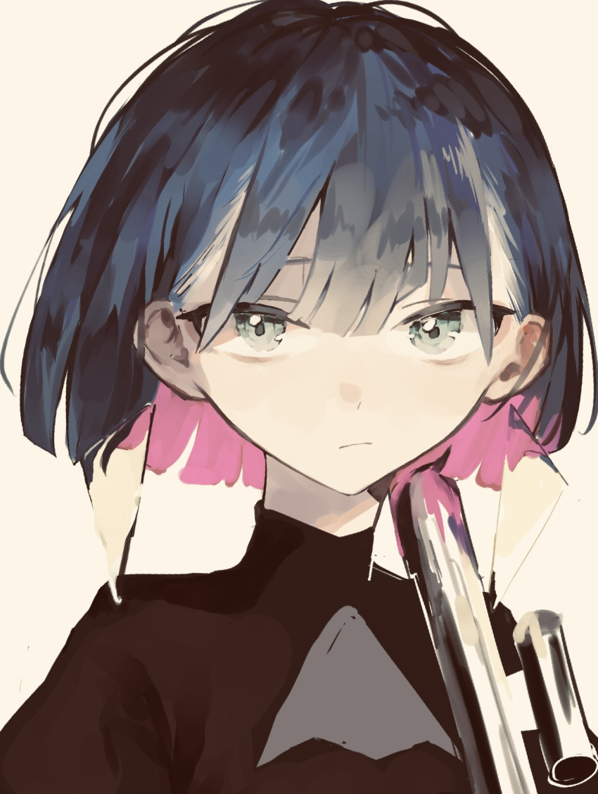 1girl aqua_eyes bangs beige_background black_shirt blue_hair bob_cut closed_mouth commentary_request gun hair_between_eyes highres looking_at_viewer mo011010 multicolored_hair nira-chan pink_hair portrait scope shirt short_hair simple_background solo turtleneck weapon zutto_mayonaka_de_ii_no_ni