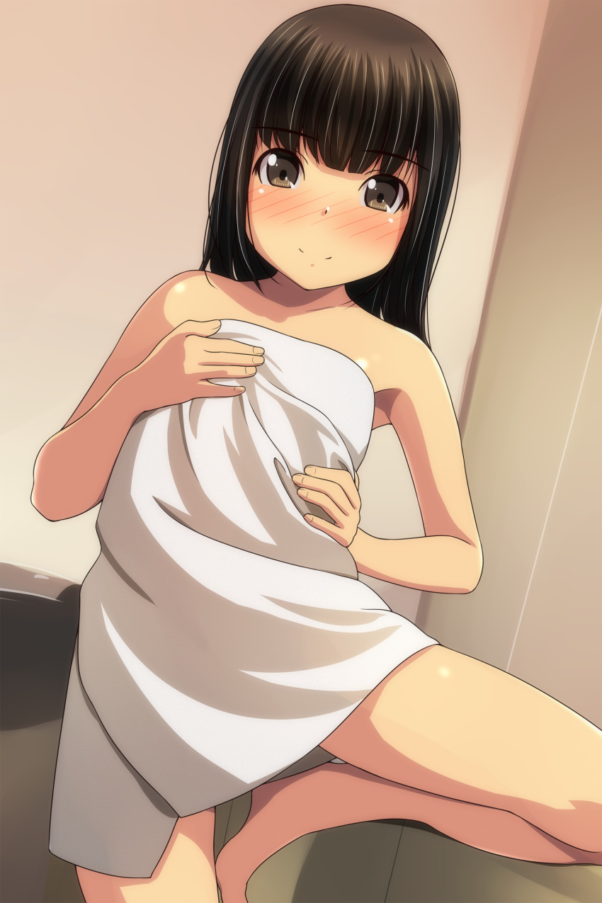 1girl absurdres bangs bare_arms bare_shoulders barefoot black_hair blush brown_eyes closed_mouth collarbone dutch_angle eyebrows_visible_through_hair highres indoors long_hair looking_at_viewer matsunaga_kouyou naked_towel nose_blush original smile solo standing standing_on_one_leg towel