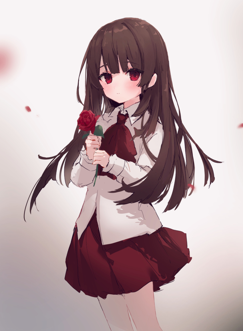 1girl bangs brown_hair closed_mouth collared_shirt commentary eyebrows_visible_through_hair flower grey_background highres holding holding_flower ib ib_(ib) long_hair long_sleeves looking_at_viewer petals pleated_skirt red_eyes red_flower red_neckwear red_rose red_skirt rose shirt skirt smile solo suzumori_uina very_long_hair white_shirt