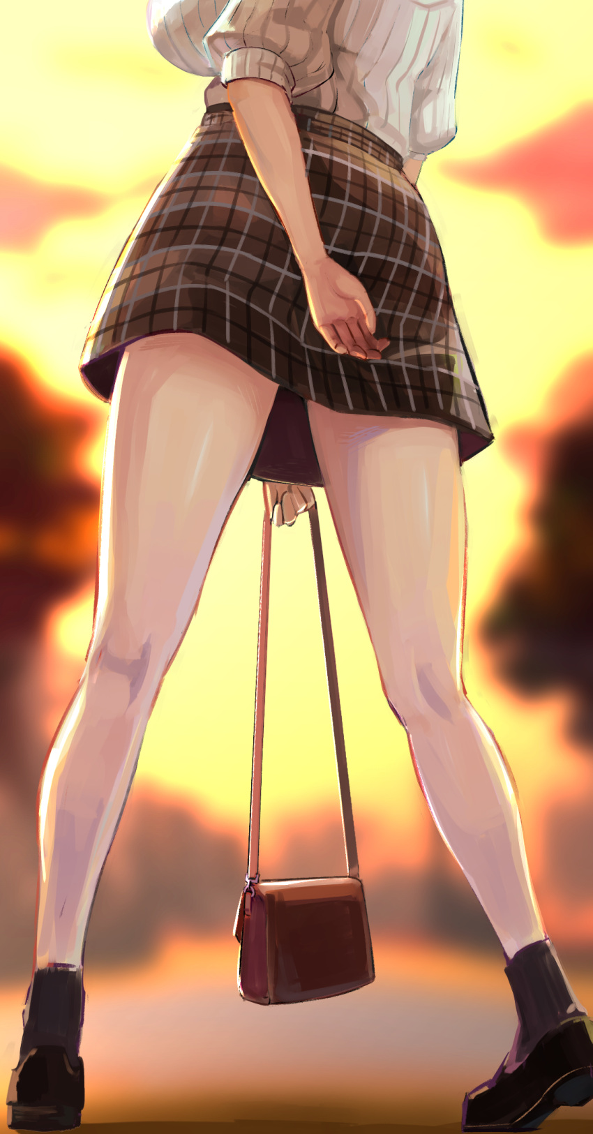 1girl arm_behind_back bag bare_legs black_footwear black_legwear blurry blurry_background breasts brown_skirt dalcom from_behind handbag head_out_of_frame highres hololive large_breasts legs loafers miniskirt outdoors plaid plaid_skirt puffy_sleeves ribbed_sweater shiny shiny_skin shirogane_noel shoes short_sleeves skirt socks solo sweater thighs view_between_legs virtual_youtuber white_sweater