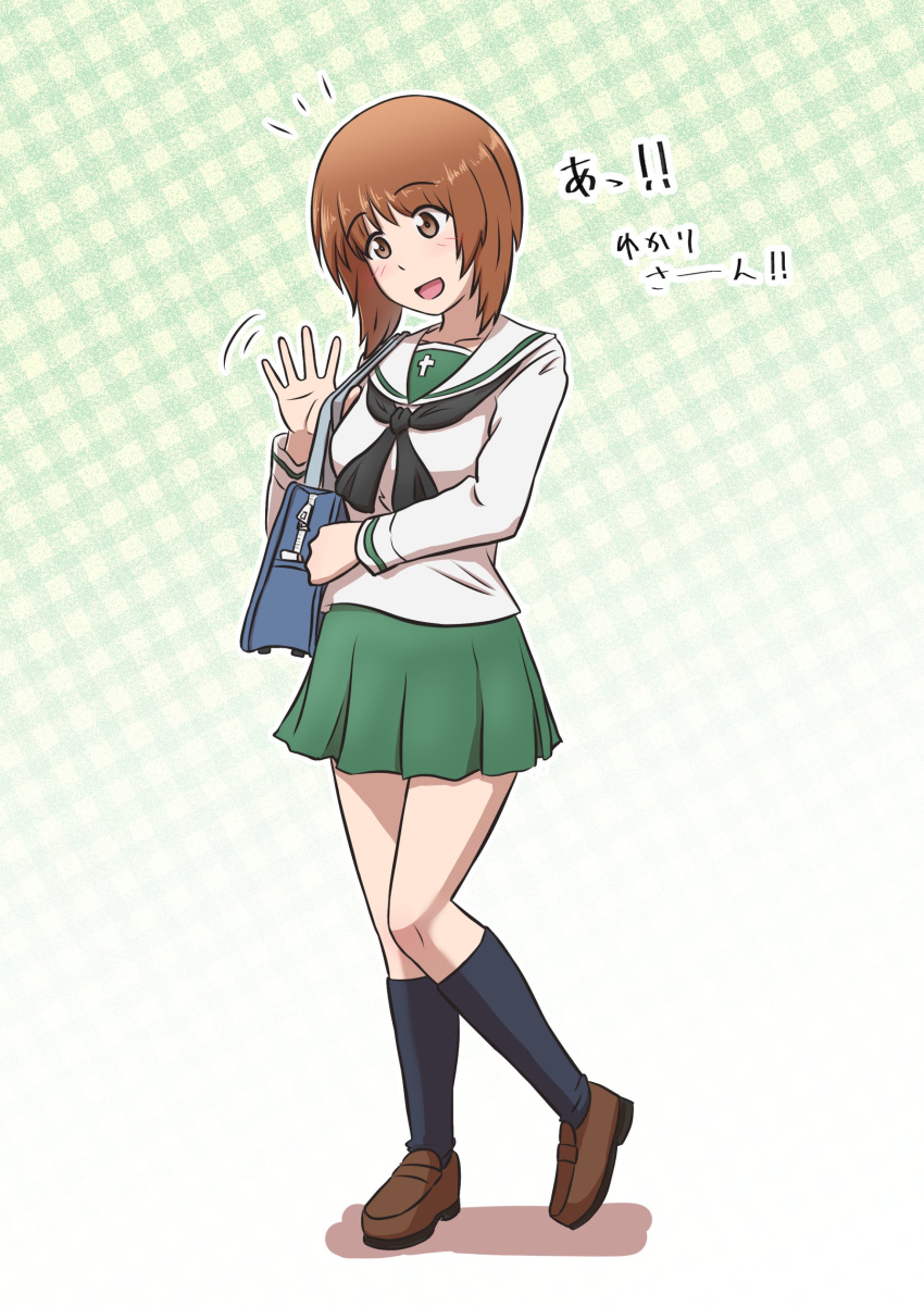 1girl absurdres bag bangs black_legwear black_neckwear blouse brown_eyes brown_footwear brown_hair carrying commentary eyebrows_visible_through_hair girls_und_panzer gradient gradient_background green_background green_skirt heel_up highres lettuce-labo loafers long_sleeves looking_to_the_side miniskirt motion_lines neckerchief nishizumi_miho notice_lines ooarai_school_uniform open_mouth plaid plaid_background pleated_skirt sailor_collar school_bag school_uniform serafuku shadow shoes short_hair skirt smile socks solo standing translated waving white_blouse white_sailor_collar