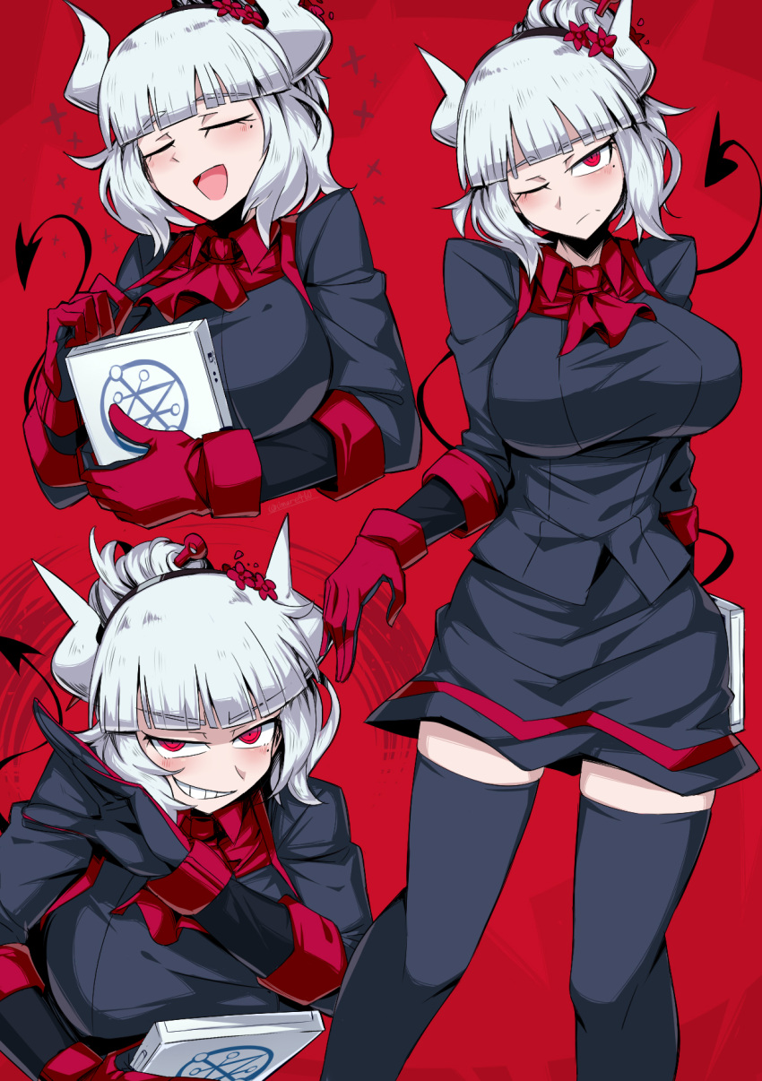 1girl ascot black_gloves black_legwear breasts clenched_teeth commentary demon_girl demon_tail english_commentary gloves helltaker highres holding horns large_breasts long_sleeves looking_at_viewer lucifer_(helltaker) mole mole_under_eye multiple_views one_eye_closed open_mouth red_background red_eyes red_gloves red_neckwear shimure_(460) short_hair simple_background smile solo standing tail teeth thigh-highs two-tone_gloves white_hair white_horns