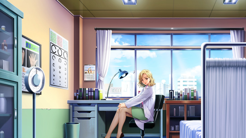 1girl blonde_hair blue_sky brown_eyes clouds curly_hair day doukyuusei earrings game_cg green_skirt hands_on_own_knees highres indoors infirmary jewelry labcoat long_hair looking_at_viewer miniskirt nail_polish official_art pantyhose pencil_skirt pink_shirt red_lips red_nails saitou_ako shirt sitting skirt sky solo sumeragi_kohaku