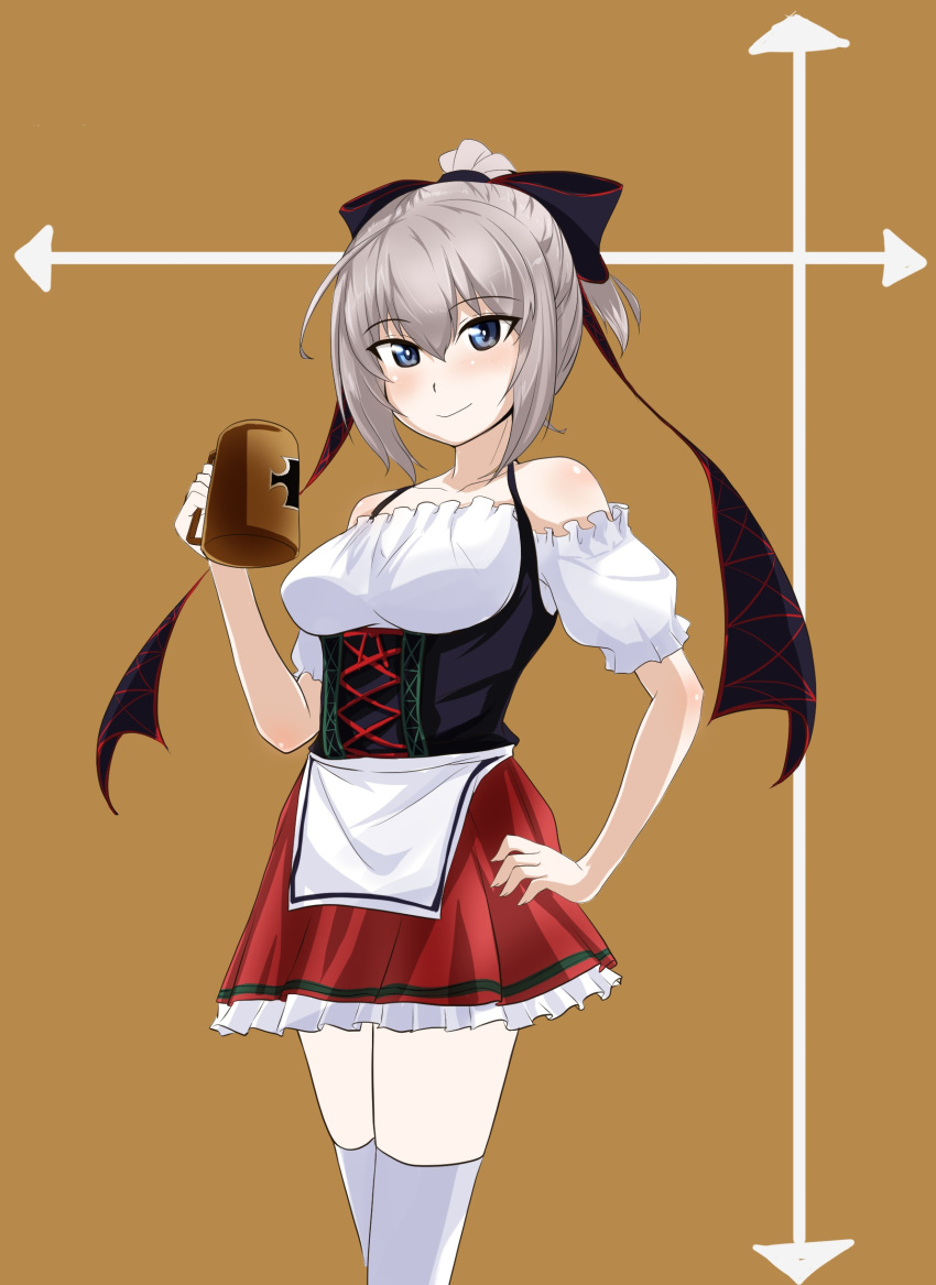 1girl abimaru_gup absurdres alternate_hairstyle apron arrow_(symbol) bangs beer_mug black_ribbon blue_eyes brown_background closed_mouth commentary_request cowboy_shot cup dirndl eyebrows_visible_through_hair frilled_skirt frilled_sleeves frills german_clothes girls_und_panzer hair_ribbon hair_up hand_on_hip highres holding holding_cup itsumi_erika looking_at_viewer miniskirt mug off-shoulder_shirt off_shoulder red_skirt ribbon shirt short_hair short_ponytail short_sleeves silver_hair single_horizontal_stripe skirt smile solo standing thigh-highs underbust waist_apron white_apron white_legwear white_shirt