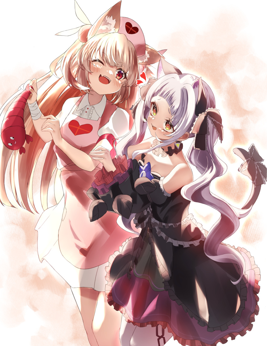 2girls :d ;d absurdres animal_ear_fluff animal_ears apron bangs bare_shoulders black_dress black_ribbon blonde_hair blush cat_ears cat_girl cat_tail commentary_request detached_sleeves dress eyebrows_visible_through_hair fang feet_out_of_frame frilled_dress frilled_ribbon frilled_sleeves frills hair_ribbon hat heart heart-shaped_pupils higashigure highres hololive huge_filesize long_hair long_sleeves looking_at_another multiple_girls murasaki_shion natori_sana nurse nurse_cap one_eye_closed open_mouth pink_apron pink_hair ribbon sana_channel short_sleeves silver_hair skin_fang smile standing symbol-shaped_pupils tail tail_ornament tail_raised tail_ribbon twintails very_long_hair virtual_youtuber white_dress