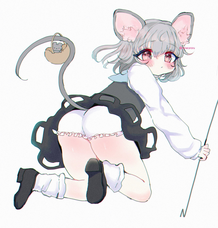 1girl :/ animal_ear_fluff animal_ears ass black_dress bloomers blue_capelet blush capelet dowsing_rod dress from_behind full_body grey_hair highres holding_rod kneeling mouse mouse_ears mouse_tail nazrin pink_eyes renakobonb simple_background solo tail thighs touhou underwear upskirt white_background