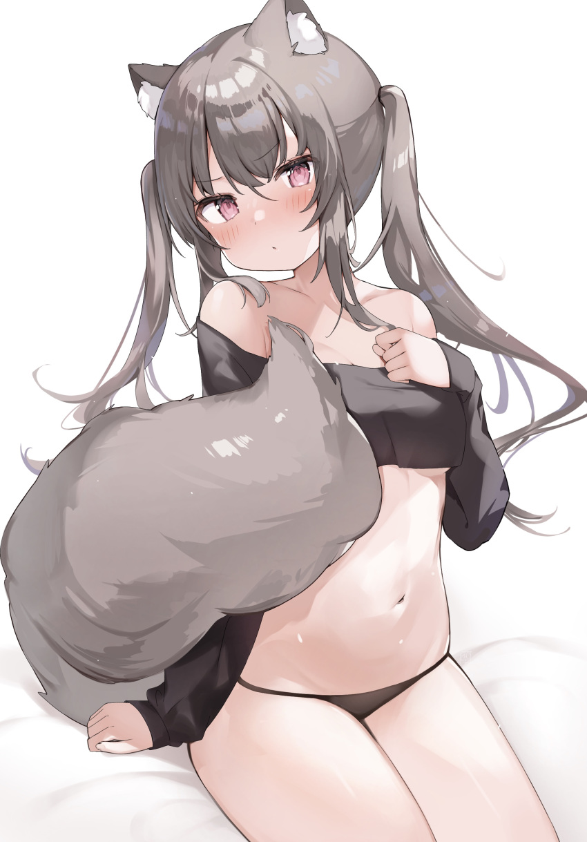 1girl absurdres animal_ear_fluff animal_ears bangs bare_shoulders black_panties blush cat_ears commentary_request cowboy_shot crop_top eyebrows_visible_through_hair grey_hair highres long_hair long_sleeves looking_at_viewer navel original panties parted_lips pink_eyes sidelocks sinnop10 sitting solo stomach tail twintails underwear white_background