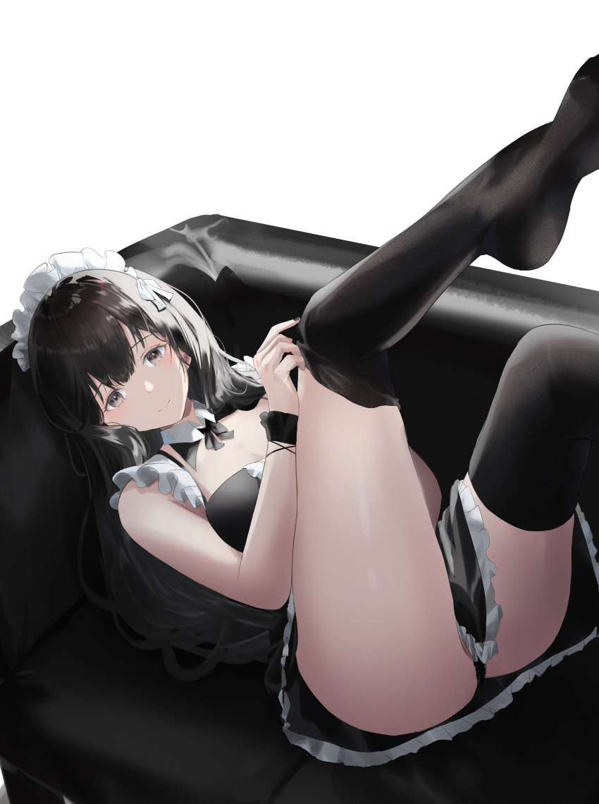 1girl absurdres ass bare_arms bare_shoulders black_dress black_eyes black_hair black_legwear black_panties couch detached_collar dress frilled_dress frills highres jenmin12 legs_up long_hair looking_at_viewer lying maid maid_headdress nail_polish no_shoes on_back on_couch original panties short_dress sleeveless sleeveless_dress smile solo thigh-highs thighs underwear wrist_cuffs