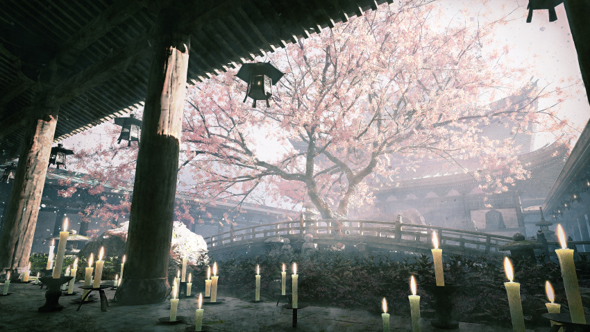 absurdres architecture bridge building candle candlestand cherry_blossoms commentary east_asian_architecture fire highres hisamesy huge_filesize jizou no_humans original pagoda pillar plant rock scenery stone_lantern tree