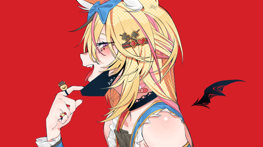 1girl :d animal_ear_fluff animal_ears bandaid bandaid_on_neck blonde_hair blue_bow bow commentary_request detached_wings fangs fox_ears from_side hair_bow highres hololive jewelry kakult2017 looking_at_viewer looking_to_the_side mask_pull multicolored_hair multiple_rings omaru_polka open_mouth pink_eyes pink_hair profile red_background ring sideways_glance simple_background smile streaked_hair tongue tongue_out upper_teeth vampire_(vocaloid) virtual_youtuber wings