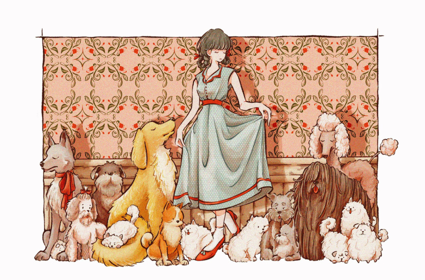 1girl bangs brown_hair closed_eyes dog dress expressionless grey_dress hair_ribbon highres medium_hair no_nose original red_footwear red_ribbon ribbon shoes sleeveless sleeveless_dress standing trym_hinano wallpaper_(object) wide_shot