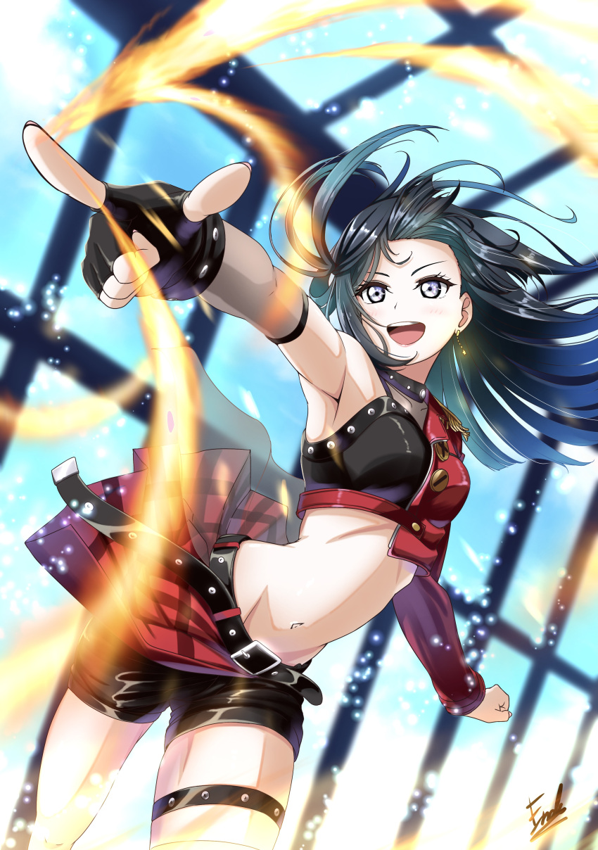 1girl absurdres armpits asymmetrical_gloves asymmetrical_legwear asymmetrical_sleeves bangs belt_buckle black_eyes black_gloves black_hair black_shorts black_sleeves blue_hair buckle buttons collarbone crop_top dive!_(love_live!) earrings endo_yohane epaulettes fingerless_gloves fire gloves grey_eyes half-skirt highlights highres jewelry long_hair love_live! love_live!_nijigasaki_high_school_idol_club multicolored_hair navel one_side_up open_mouth outstretched_arm red_sleeves see-through shorts single_bare_shoulder single_glove single_sleeve solo star_(symbol) star_earrings thigh_strap yuuki_setsuna_(love_live!)