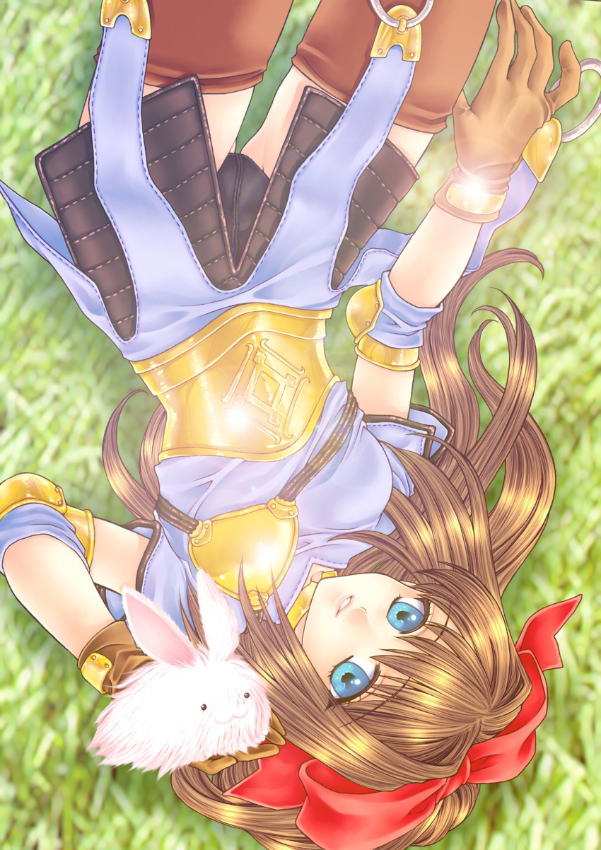 1girl :3 animal archer_(ragnarok_online) armored_skirt bangs belt blue_eyes blue_shirt bow breasts brown_gloves brown_hair brown_legwear commentary_request cowboy_shot elbow_pads eyebrows_visible_through_hair gloves hair_between_eyes hair_bow hasu_murasaki highres holding holding_animal holding_bunny lens_flare long_hair looking_at_viewer lunatic_(ragnarok_online) medium_breasts muneate parted_lips rabbit ragnarok_online red_bow shirt thigh-highs upside-down