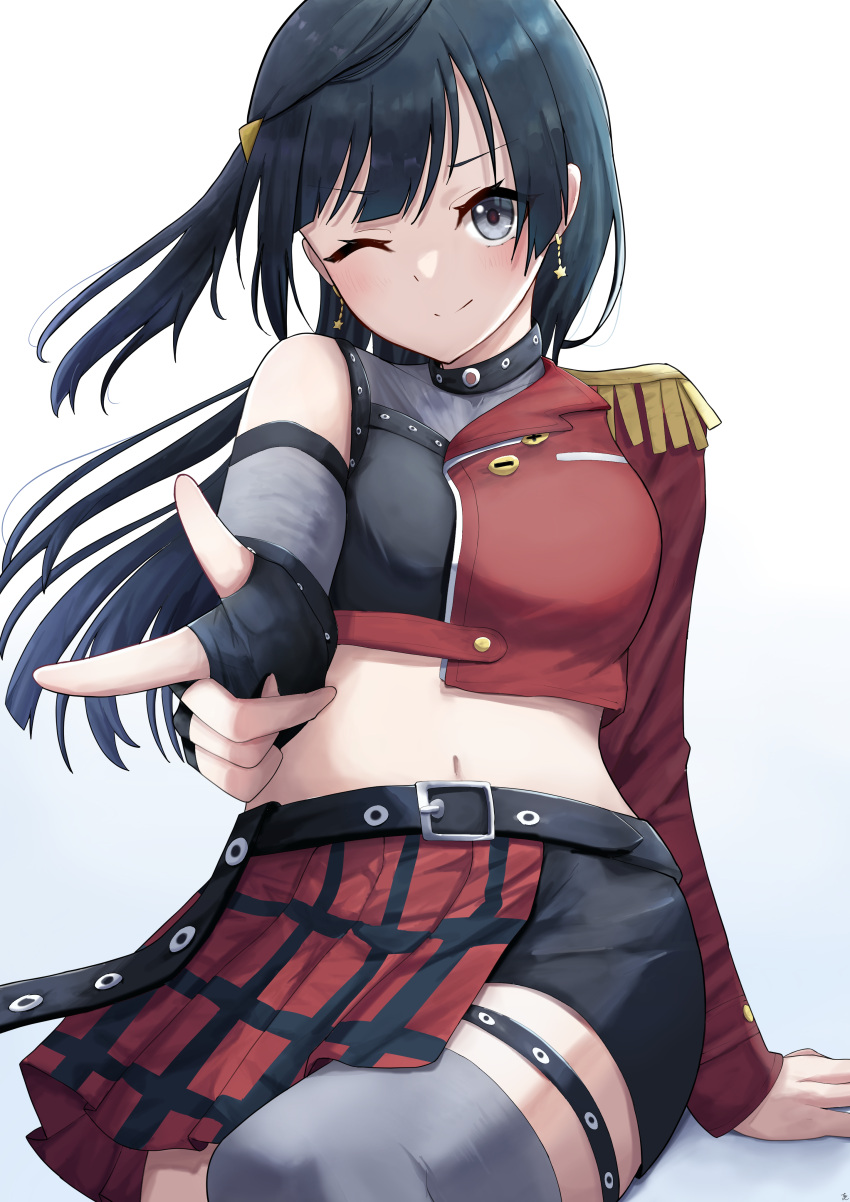 1girl absurdres aftamc asymmetrical_gloves asymmetrical_legwear asymmetrical_sleeves bangs belt_buckle black_eyes black_gloves black_hair black_legwear black_shorts blush buckle buttons crop_top dive!_(love_live!) earrings epaulettes finger_gun fingerless_gloves gloves grey_eyes half-skirt highlights highres jewelry long_hair love_live! love_live!_nijigasaki_high_school_idol_club multicolored_hair navel one_eye_closed one_side_up red_sleeves see-through shorts single_bare_shoulder single_glove single_sleeve solo star_(symbol) star_earrings thigh_strap yuuki_setsuna_(love_live!)