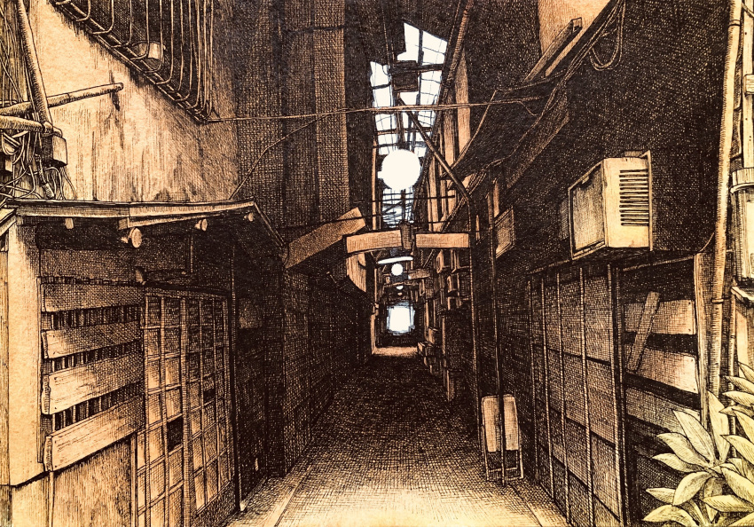 alley barred_window boarded_windows cable commentary_request crosshatching hatching_(texture) highres ibsukionsen lantern no_humans original outdoors plant redrawn scenery sliding_doors traditional_media window