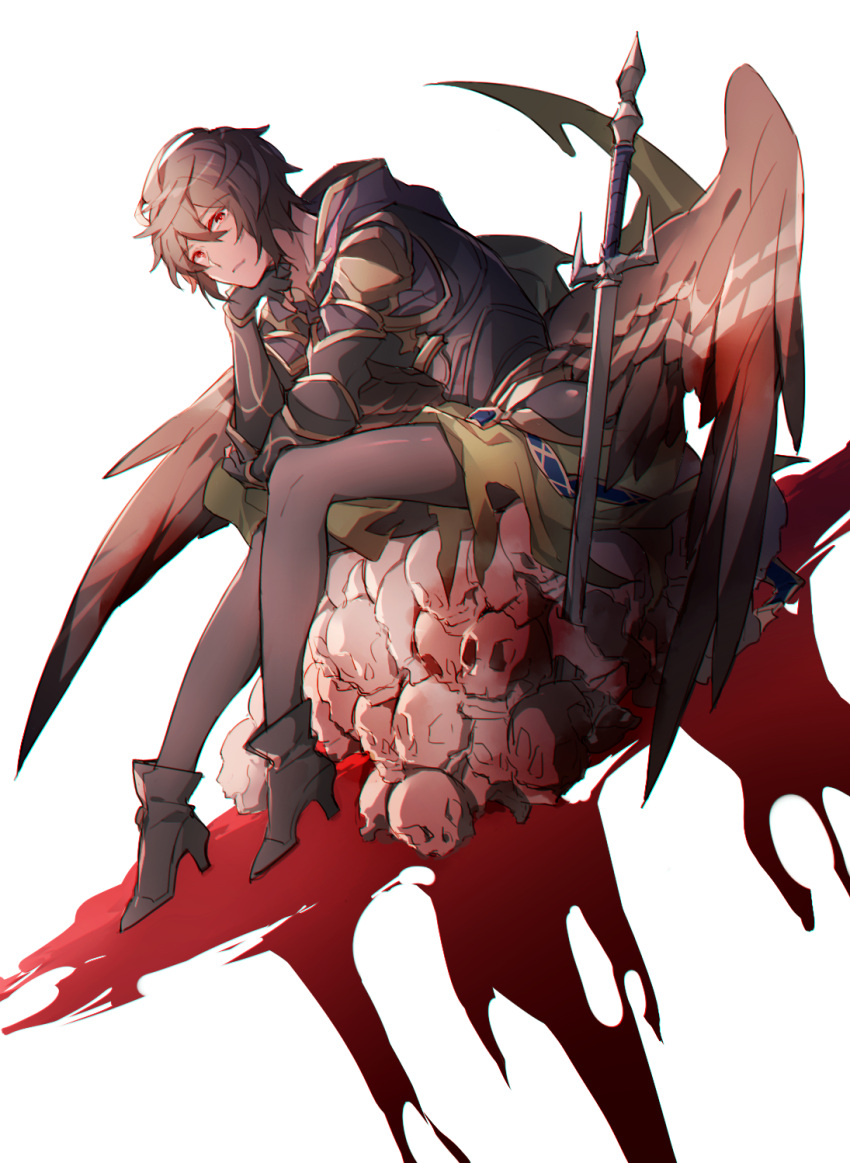 1boy ankle_boots black_footwear blood boots brown_hair brown_wings commentary_request feathered_wings full_body granblue_fantasy highres hizuki_miya male_focus pantyhose pile_of_skulls pool_of_blood red_eyes sandalphon_(granblue_fantasy) short_hair simple_background solo sword tagme weapon white_background wings
