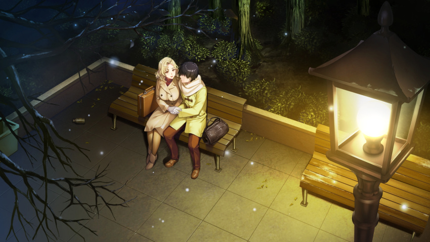 1boy 1girl bench black_hair blonde_hair brown_footwear brown_pants closed_mouth coat couple doukyuusei eye_contact game_cg gloves green_coat highres holding_hands long_hair long_sleeves looking_at_another night official_art pants pantyhose red_lips red_sweater saitou_ako scarf shiny shiny_hair short_hair sitting smile snowing sumeragi_kohaku sweater tree white_gloves white_scarf winter winter_clothes winter_coat yellow_legwear