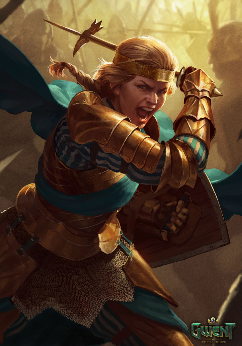 1girl absurdres armor army battle blonde_hair blue_eyes blue_footwear braid breastplate circlet cowboy_shot full_armor gauntlets gold_armor greaves gwent_(game) hammer headband highres holding holding_hammer holding_shield holding_weapon incoming_attack logo looking_at_viewer manuel_castanon meve_(witcher) official_art open_mouth pauldrons people shield shoulder_armor single_braid solo_focus standing war_hammer weapon