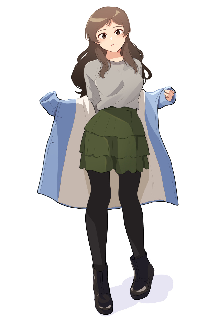 1girl absurdres ankle_boots black_footwear black_legwear blue_coat boots brown_eyes brown_hair closed_mouth coat frown green_skirt grey_shirt highres idolmaster idolmaster_million_live! kamille_(vcx68) kitazawa_shiho layered_skirt long_hair long_sleeves looking_at_viewer miniskirt open_clothes open_coat pantyhose shadow shirt simple_background skirt solo standing white_background