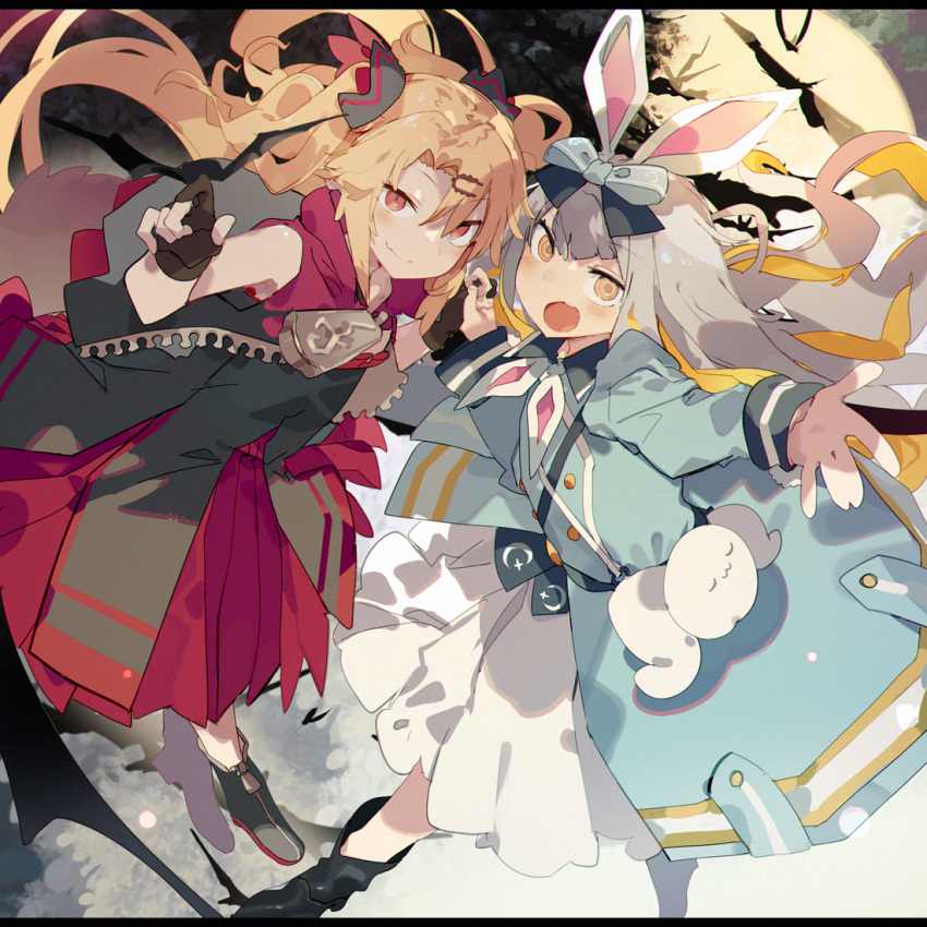 2girls akatsuki_uni animal_bag animal_ears bad_hand bangs black_footwear black_gloves blonde_hair blue_bow blue_coat blush boots bow coat commentary_request dress full_body full_moon gloves grey_hair hair_bow hair_ornament holding_hands karei long_hair mochizuki_himari moon moon_rabbit multiple_girls open_clothes open_coat open_mouth outdoors oversized_zipper parted_bangs partially_fingerless_gloves rabbit_ears red_dress sleeveless sleeveless_dress uni_create upper_teeth virtual_youtuber white_dress yellow_eyes zipper zipper_pull_tab