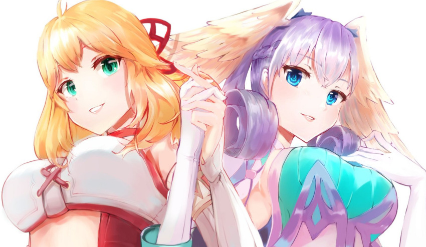 2girls absurdres blonde_hair blue_eyes breasts curly_hair detached_sleeves dress fiora_(xenoblade) gloves green_eyes head_wings highres holding_hands juliet_sleeves large_breasts long_hair long_sleeves looking_at_viewer medium_breasts melia_antiqua midriff miniskirt multiple_girls open_mouth puffy_sleeves risumi_(taka-fallcherryblossom) short_hair silver_hair simple_background skirt thigh-highs white_background xenoblade_chronicles xenoblade_chronicles_(series)
