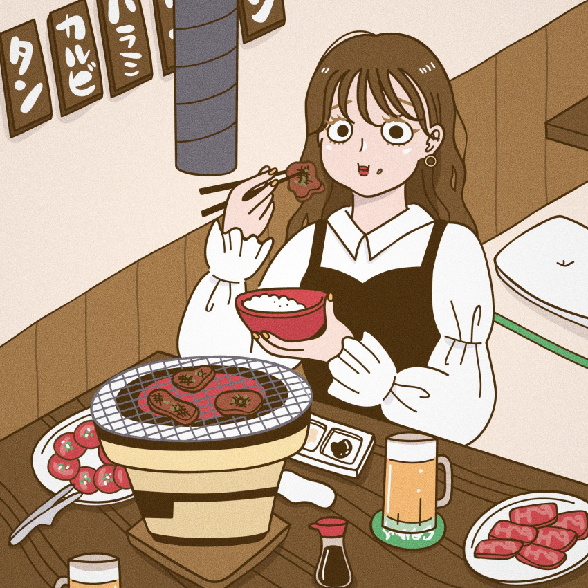 1girl bowl chopsticks collared_shirt cup earrings food highres holding holding_bowl holding_food hoppe_illust jewelry long_sleeves meat orange_nails original plate rice shirt solo white_shirt