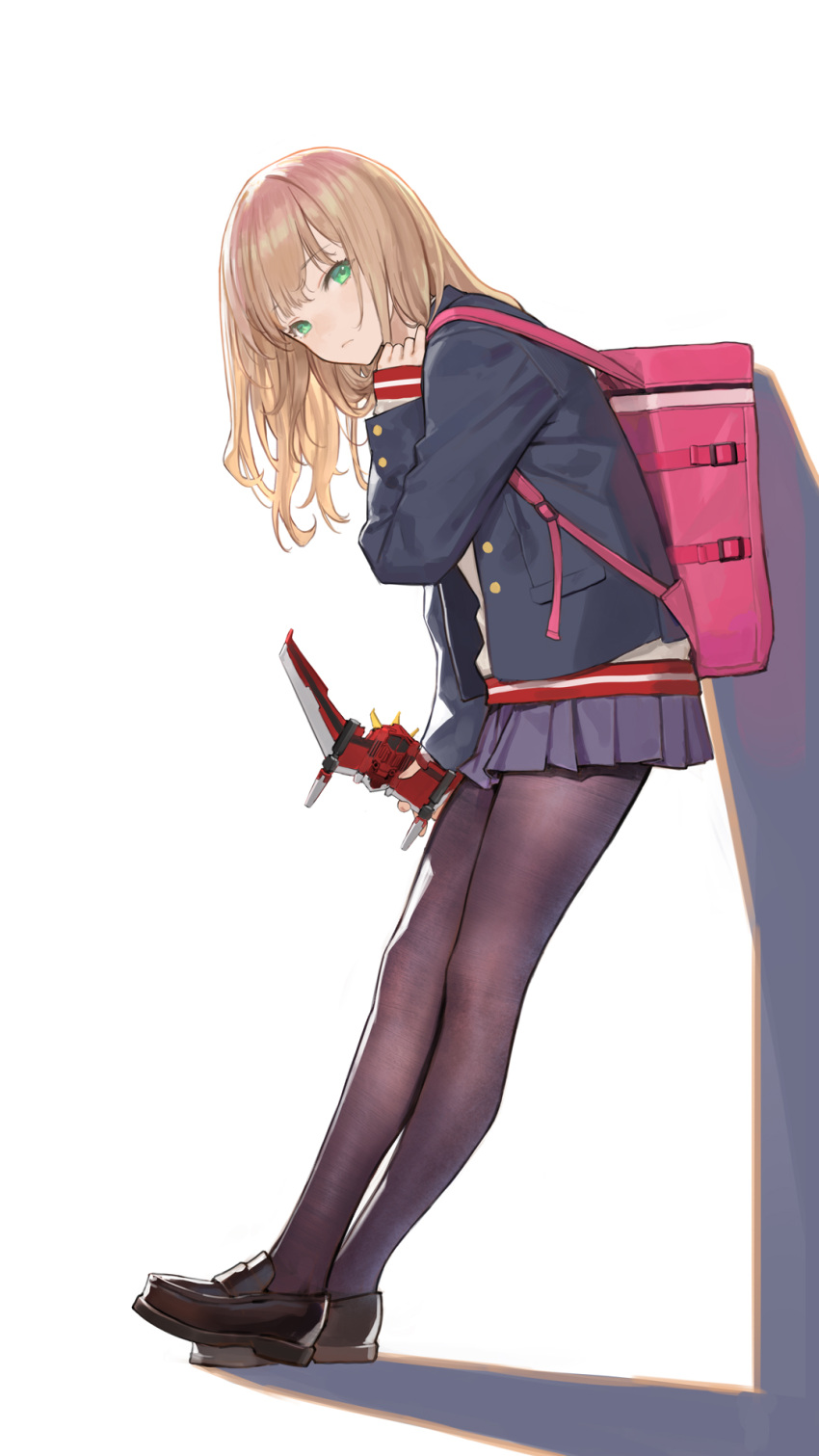 1girl backpack bag bangs black_footwear blazer blue_jacket brown_hair cancer_(zjcconan) dyna_wing eyebrows_visible_through_hair green_eyes gridman_universe head_tilt highres holding holding_toy jacket leaning_forward looking_at_viewer medium_hair minami_yume pantyhose school_uniform shadow solo ssss.dynazenon toy