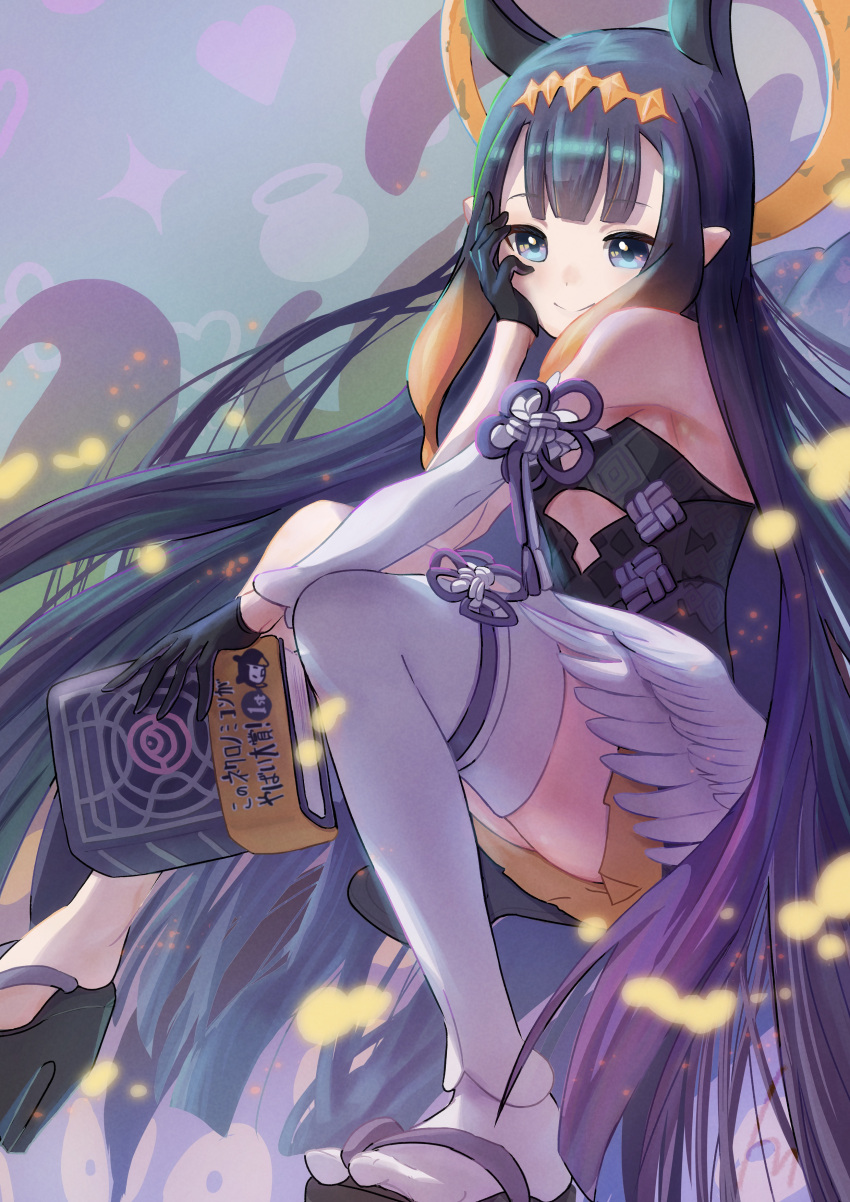 1girl absurdres bangs black_gloves black_hair blue_eyes blunt_bangs book closed_mouth commentary_request cutout_above_navel detached_sleeves gloves heart highres holding holding_book hololive hololive_english long_hair ninomae_ina'nis pointy_ears ribbon shiny shiny_hair sidelocks single_thighhigh sitting smile solo thigh-highs tom_(pixiv10026189) very_long_hair virtual_youtuber white_legwear