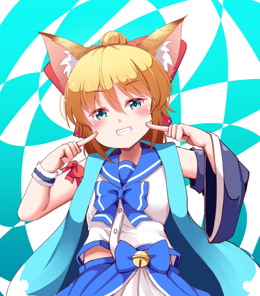 1girl animal_ear_fluff animal_ears aqua_eyes asymmetrical_clothes bell blonde_hair borrowed_character bow commentary_request fox_ears fox_girl grin hair_bow highres jingle_bell original pointing pointing_at_self sailor_collar smile solo suzune_kou upper_body