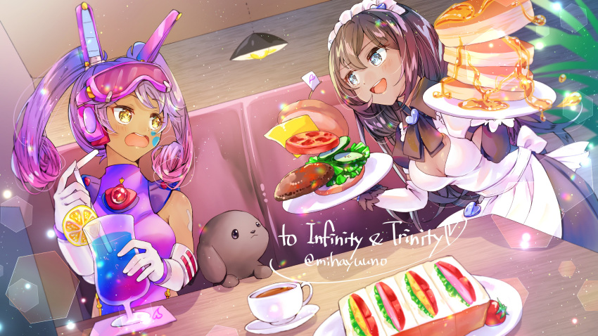 2girls absurdres artist_name blue_eyes brooch brown_hair burger character_request cocktail cocktail_glass coffee coffee_mug cup dark_skin drinking_glass food gloves goggles goggles_on_head gradient_hair hair_between_eyes heart_brooch highres holding holding_plate indie_virtual_youtuber indoors jewelry looking_at_viewer maid maid_headdress mihayuuno mug multicolored_hair multiple_girls open_mouth pancake plate restaurant round_teeth sandwich sleeveless smile teeth third-party_source trinity_infinity twitter_username virtual_youtuber white_gloves yellow_eyes