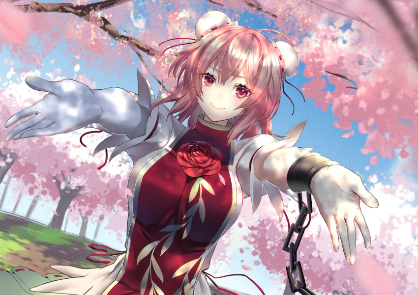 1girl bangs blue_sky bun_cover cherry_blossoms chinese_clothes closed_mouth cuffs double_bun flower highres ibaraki_kasen looking_at_viewer outdoors outstretched_arms pink_hair red_eyes red_flower red_rose rose shackles shirt short_hair short_sleeves shukusuri sky solo spread_arms tabard touhou upper_body white_shirt