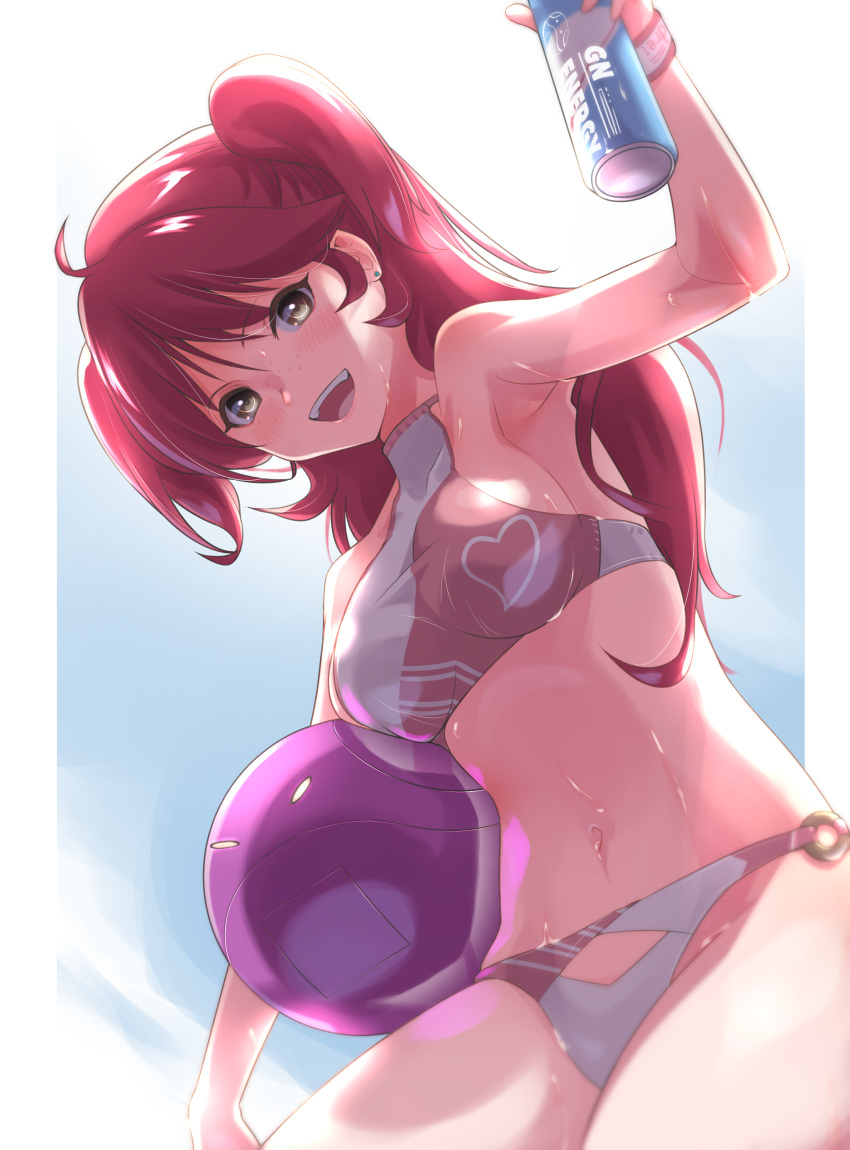 1girl absurdres ahoge bad_haro bangs bikini blush breasts can cowlick earrings eyebrows_visible_through_hair freckles fune_(fune93ojj) gundam gundam_00 hair_between_eyes highres holding holding_can jewelry looking_at_viewer medium_breasts navel nena_trinity o-ring o-ring_bikini o-ring_bottom open_mouth redhead sideboob smile solo swimsuit two_side_up wet yellow_eyes