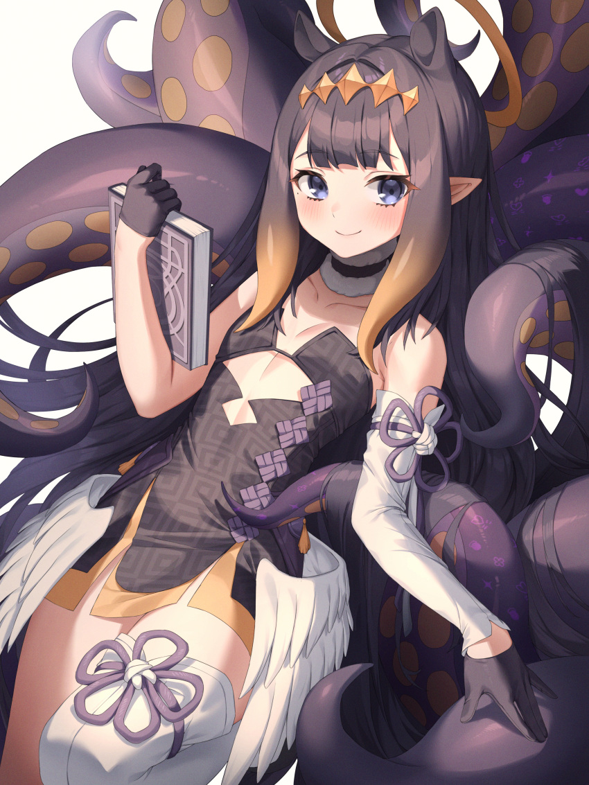 1girl absurdres ao-chan_(ninomae_ina'nis) bangs bare_shoulders black_dress black_gloves black_hair blue_eyes blush book commentary_request detached_sleeves dress gloves gradient_hair halo highres holding holding_book hololive hololive_english huge_filesize long_hair looking_at_viewer multicolored_hair ninomae_ina'nis orange_hair pointy_ears single_detached_sleeve single_thighhigh smile solo tentacle_hair tentacles thigh-highs tiara very_long_hair virtual_youtuber white_background white_legwear white_sleeves xiho_(suna)