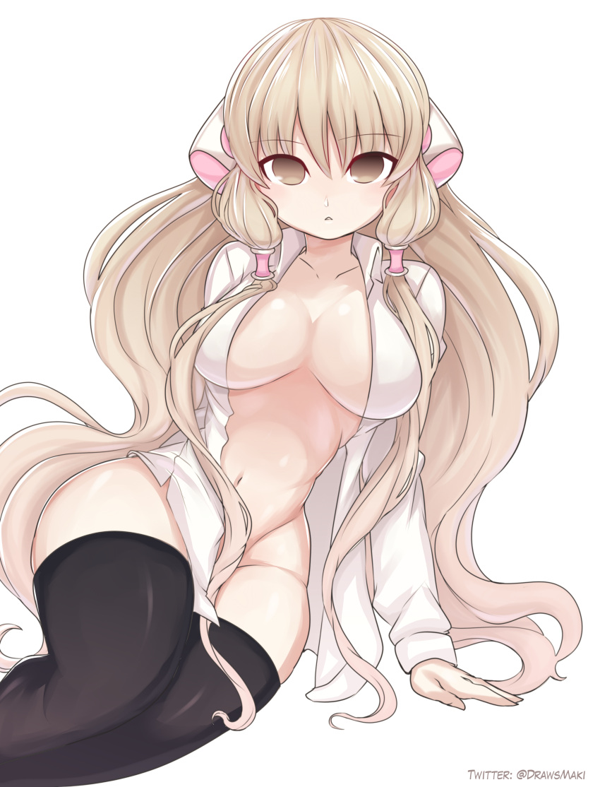 1girl absurdres black_legwear blonde_hair breasts breasts_apart brown_eyes chii chobits collared_shirt feet_out_of_frame hair_tubes highres huge_filesize invisible_chair large_breasts long_hair long_sleeves looking_at_viewer maki_dogville navel no_pupils open_clothes open_shirt robot_ears shirt simple_background sitting solo thigh-highs very_long_hair white_background white_shirt
