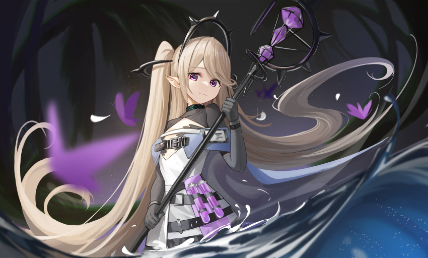 1girl arknights bangs belt black_belt black_choker black_gloves blonde_hair choker eyebrows_visible_through_hair gloves hand_up highres holding holding_staff indigo_(arknights) infection_monitor_(arknights) komi_(komiking) long_hair looking_at_viewer pointy_ears smile solo staff two_side_up upper_body very_long_hair vial violet_eyes